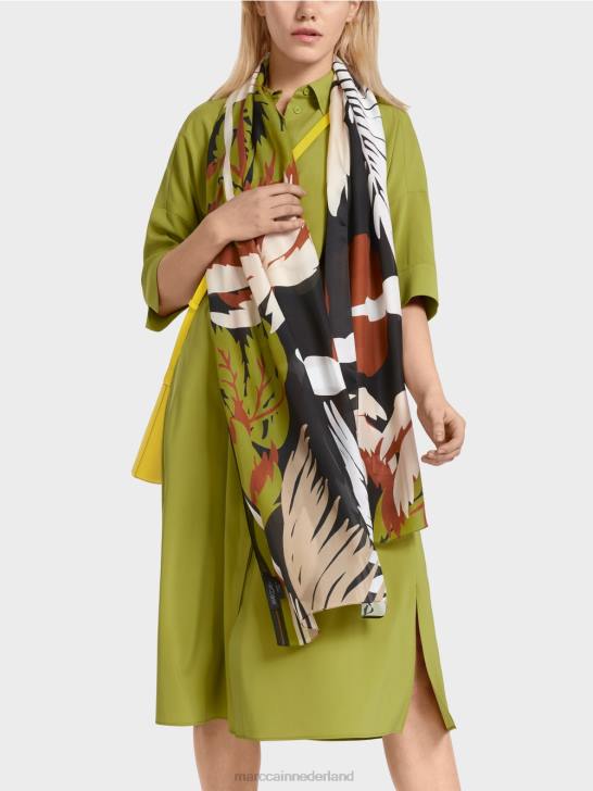 accessoire diep olijfgroen 464J1723 zijden sjaal met tropische print Marc Cain