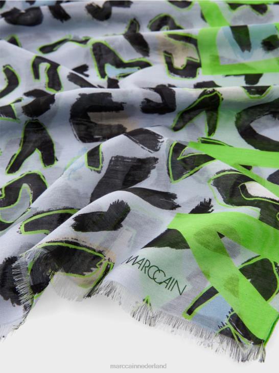 accessoire zacht poederblauw 464J1689 sjaal met graffiti-geïnspireerd ontwerp Marc Cain