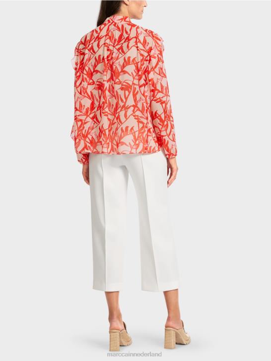 kleding helder bruin 464J973 blouse met ruches en bloemenprint Marc Cain