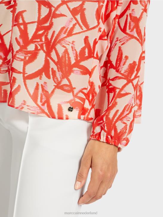 kleding helder bruin 464J973 blouse met ruches en bloemenprint Marc Cain