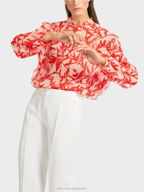 kleding helder bruin 464J973 blouse met ruches en bloemenprint Marc Cain