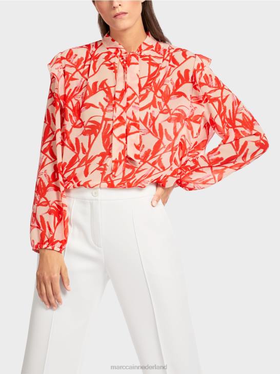 kleding helder bruin 464J973 blouse met ruches en bloemenprint Marc Cain