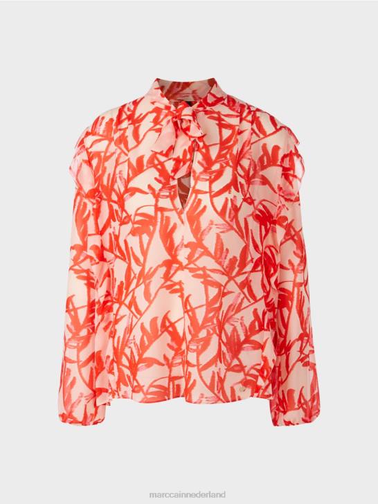 kleding helder bruin 464J973 blouse met ruches en bloemenprint Marc Cain