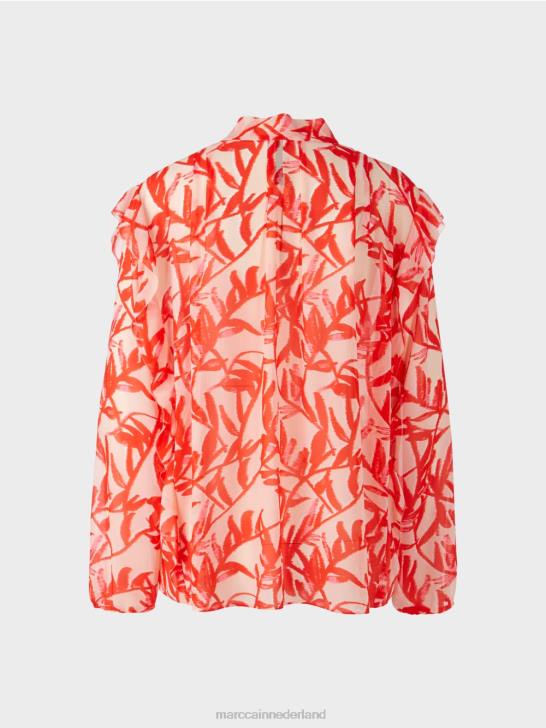 kleding helder bruin 464J973 blouse met ruches en bloemenprint Marc Cain