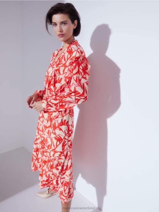 kleding helder bruin 464J973 blouse met ruches en bloemenprint Marc Cain