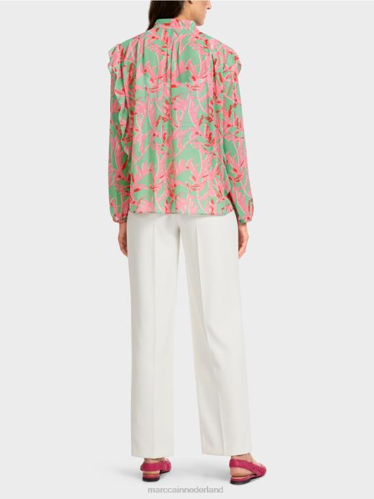 kleding heldere jade 464J972 blouse met ruches en bloemenprint Marc Cain