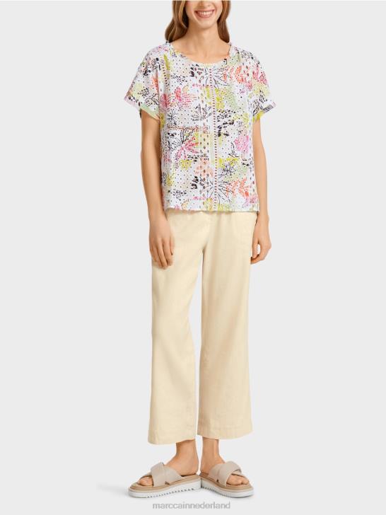 kleding lichte kalk 464J932 kleurrijke blouse met broderie anglaise Marc Cain