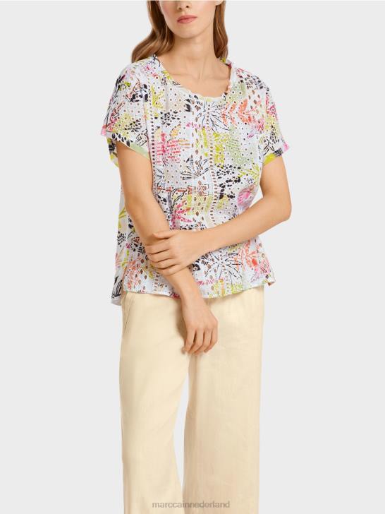 kleding lichte kalk 464J932 kleurrijke blouse met broderie anglaise Marc Cain