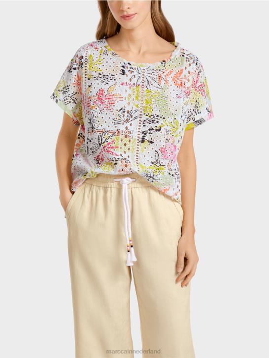 kleding lichte kalk 464J932 kleurrijke blouse met broderie anglaise Marc Cain