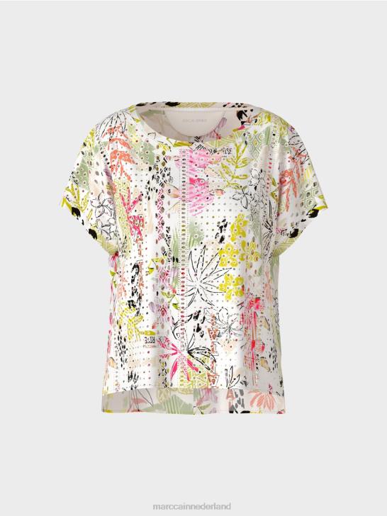 kleding lichte kalk 464J932 kleurrijke blouse met broderie anglaise Marc Cain