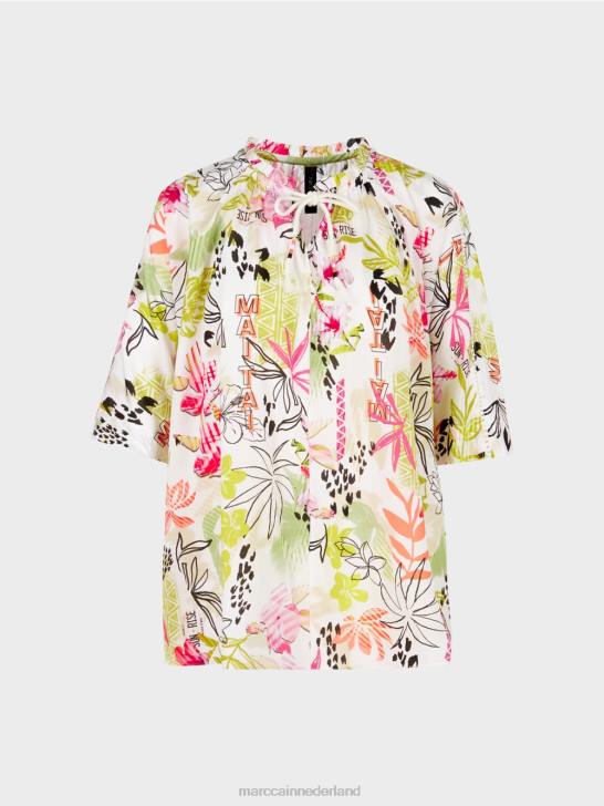 kleding lichte kalk 464J937 blouse met print en bloemmotief Marc Cain