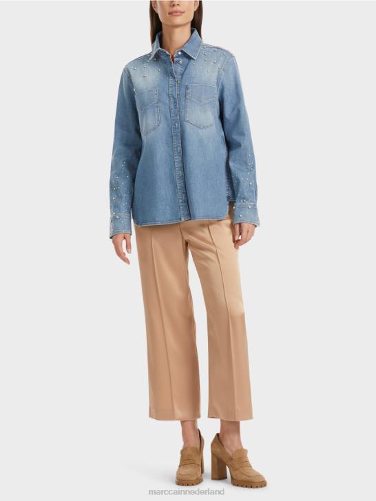 kleding vintage blauw 464J860 blouse met kralenborduurwerk. Marc Cain