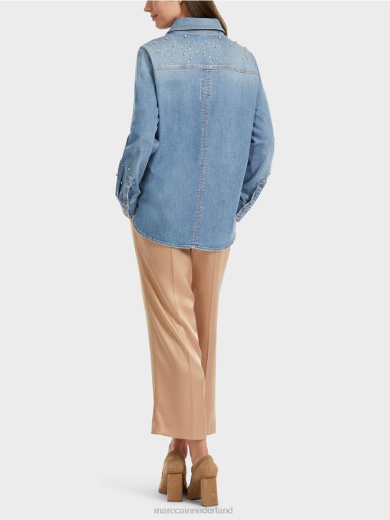 kleding vintage blauw 464J860 blouse met kralenborduurwerk. Marc Cain