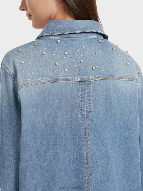 kleding vintage blauw 464J860 blouse met kralenborduurwerk. Marc Cain