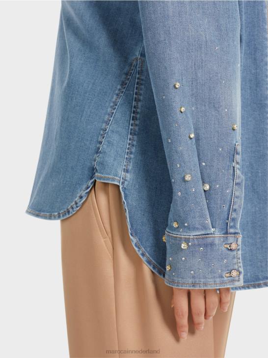 kleding vintage blauw 464J860 blouse met kralenborduurwerk. Marc Cain