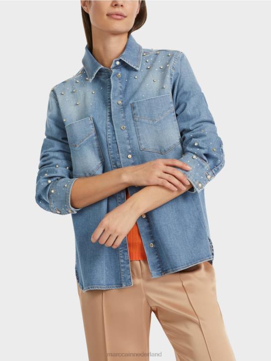 kleding vintage blauw 464J860 blouse met kralenborduurwerk. Marc Cain