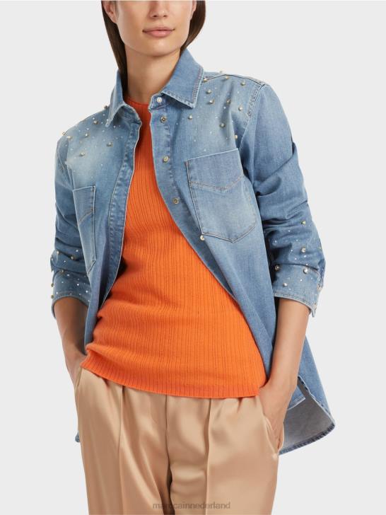 kleding vintage blauw 464J860 blouse met kralenborduurwerk. Marc Cain