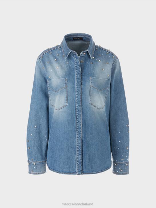 kleding vintage blauw 464J860 blouse met kralenborduurwerk. Marc Cain