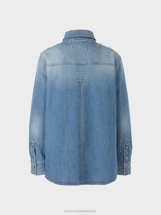 kleding vintage blauw 464J860 blouse met kralenborduurwerk. Marc Cain
