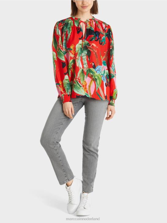 kleding vuur rood 464J926 blouse met jungleprint Marc Cain