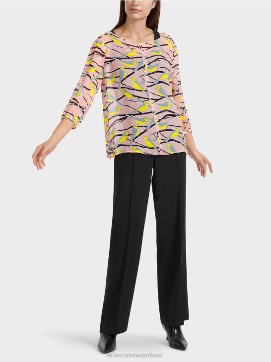 kleding zacht poederroze 464J883 lichte blouse met vogeldessin Marc Cain