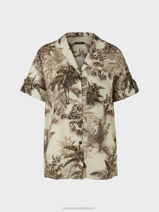 kleding zachte adem 464J961 blouse in overhemdstijl met palmmotief Marc Cain