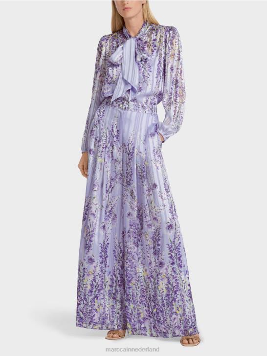 kleding helder lila 464J630 wijde broek met blauweregen print Marc Cain