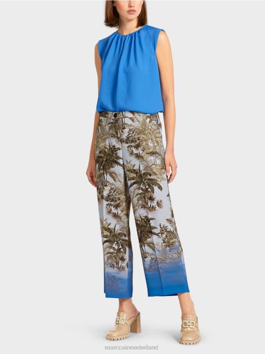 kleding licht poederblauw 464J693 broek met palmontwerp Marc Cain