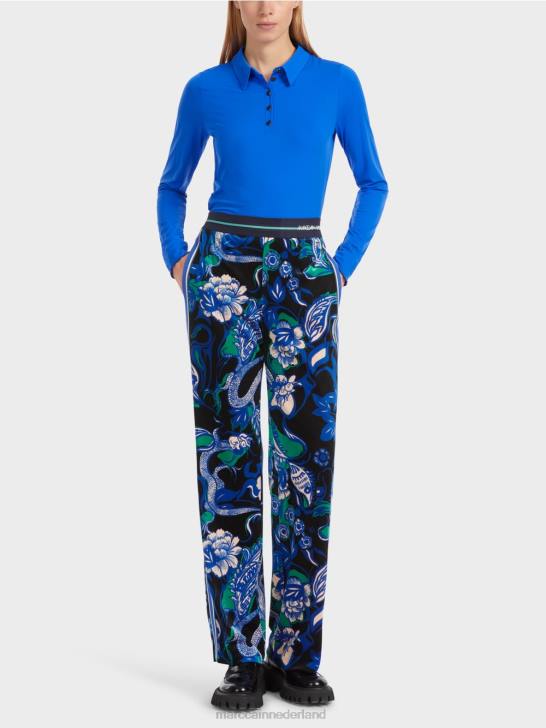 kleding middernacht blauw 464J545 fluwelen welby broek met tattoo-motieven Marc Cain