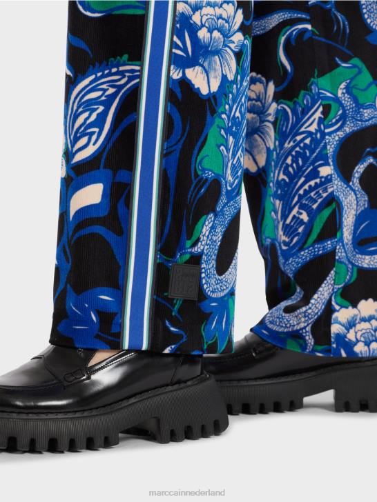 kleding middernacht blauw 464J545 fluwelen welby broek met tattoo-motieven Marc Cain