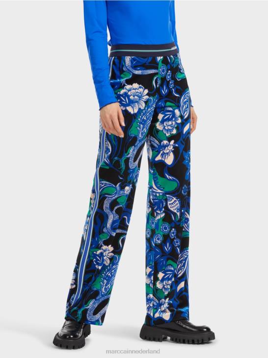 kleding middernacht blauw 464J545 fluwelen welby broek met tattoo-motieven Marc Cain