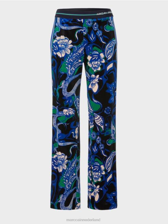 kleding middernacht blauw 464J545 fluwelen welby broek met tattoo-motieven Marc Cain