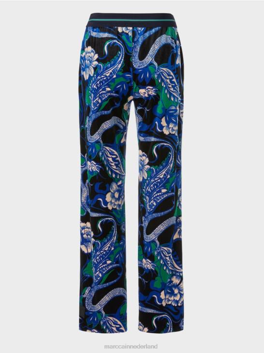 kleding middernacht blauw 464J545 fluwelen welby broek met tattoo-motieven Marc Cain