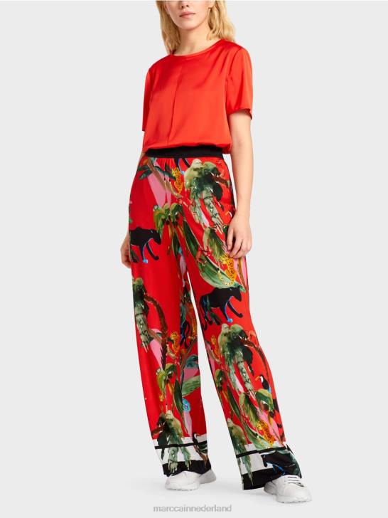 kleding vuur rood 464J666 warrington broek met tropische print Marc Cain