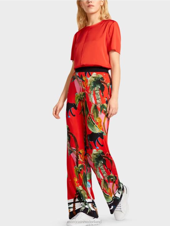 kleding vuur rood 464J666 warrington broek met tropische print Marc Cain
