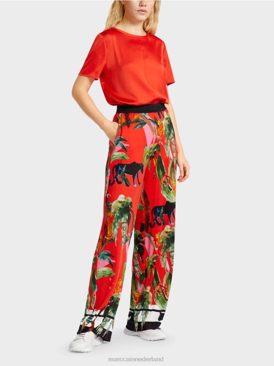 kleding vuur rood 464J666 warrington broek met tropische print Marc Cain