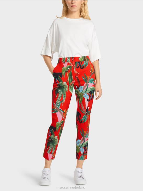 kleding vuur rood 464J675 franca broek met manchetten en tropische print Marc Cain