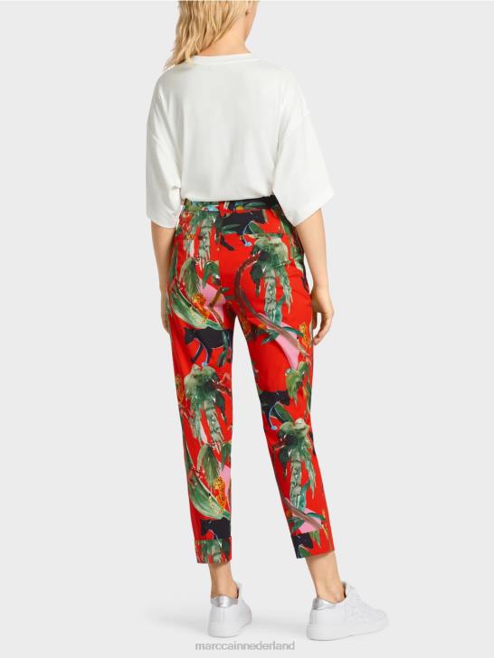 kleding vuur rood 464J675 franca broek met manchetten en tropische print Marc Cain