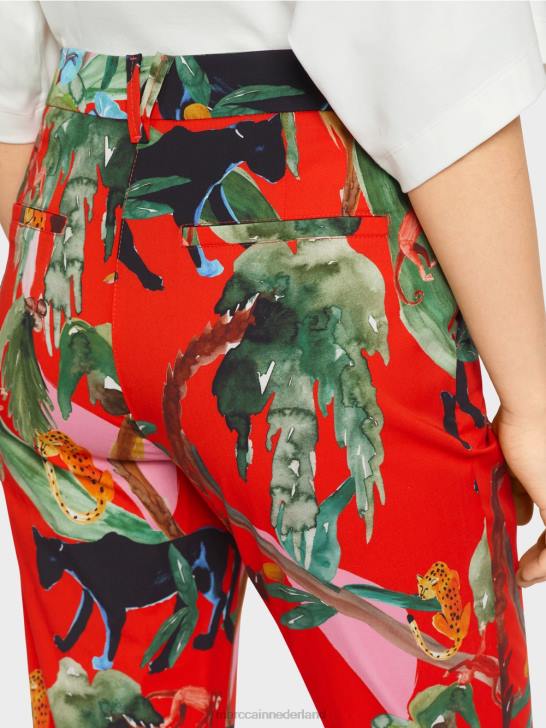 kleding vuur rood 464J675 franca broek met manchetten en tropische print Marc Cain