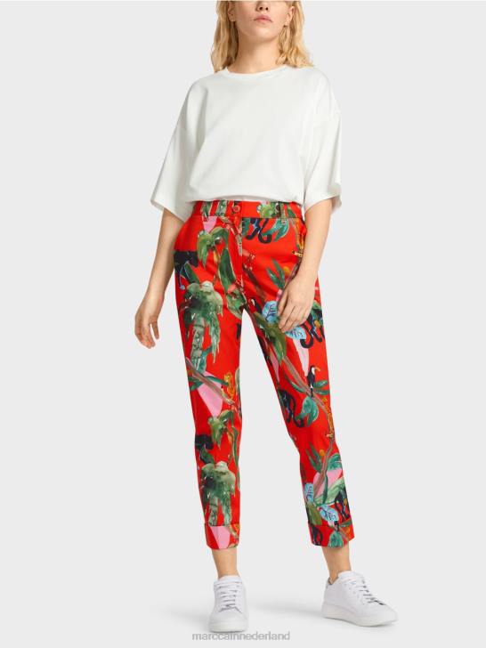 kleding vuur rood 464J675 franca broek met manchetten en tropische print Marc Cain