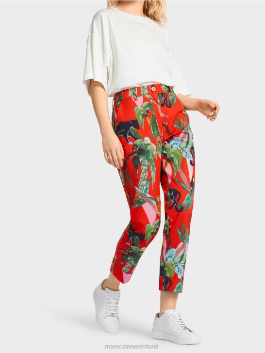 kleding vuur rood 464J675 franca broek met manchetten en tropische print Marc Cain