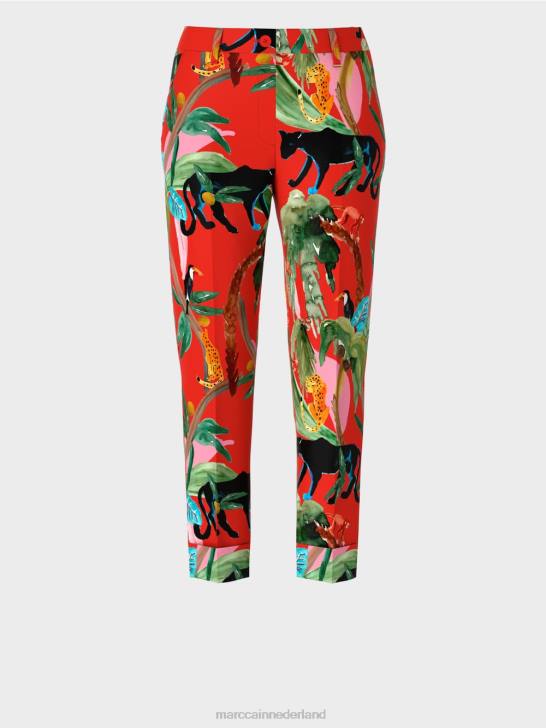 kleding vuur rood 464J675 franca broek met manchetten en tropische print Marc Cain