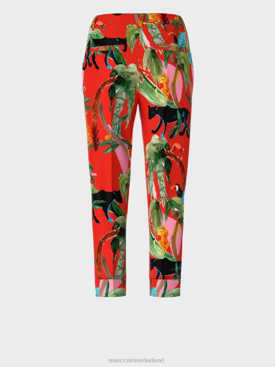 kleding vuur rood 464J675 franca broek met manchetten en tropische print Marc Cain