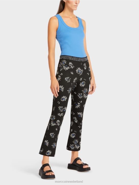 kleding zwart 464J714 nauwsluitende broek met madeliefjespatroon Marc Cain