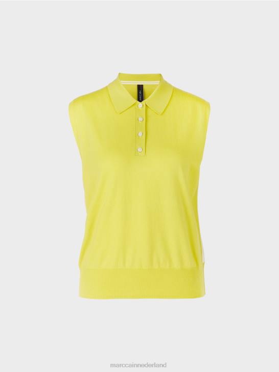kleding groene zwavel 464J1190 mouwloos poloshirt van fijn breisel Marc Cain