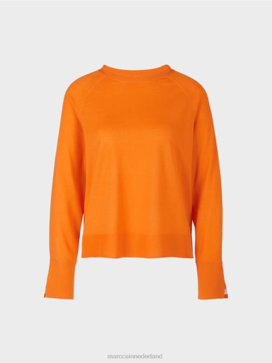 kleding helder oranje 464J1209 gebreide trui met contrasterende mouwsplit Marc Cain
