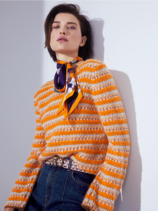 kleding helder oranje 464J1210 gestreepte trui \"gebreid in Duitsland\" Marc Cain