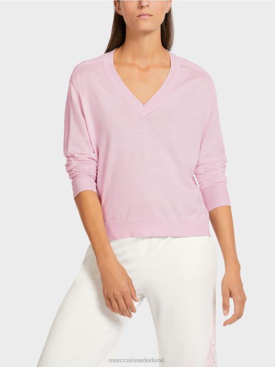 kleding lichte lavendel 464J1156 elegante fijngebreide trui met V-hals Marc Cain