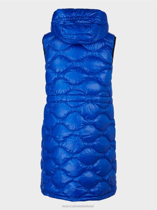 kleding helder koningsblauw 464J219 lang gewatteerd gilet \"rethink Together\". Marc Cain