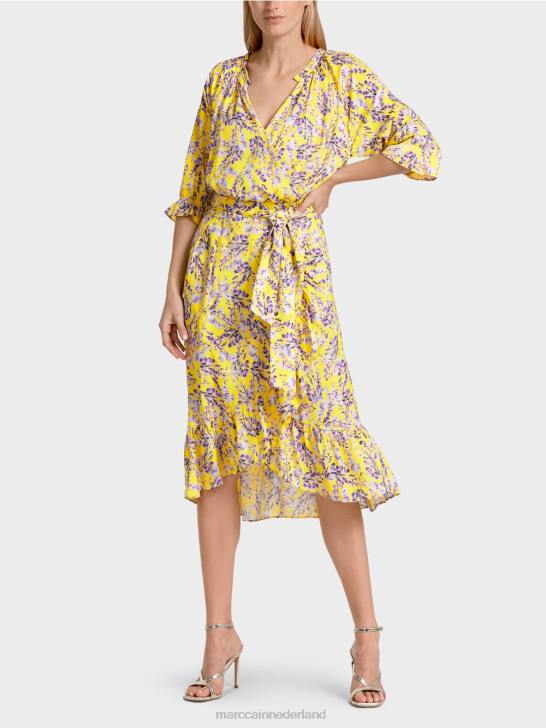 kleding citroen groen 464J75 jurk met print en overslageffect Marc Cain